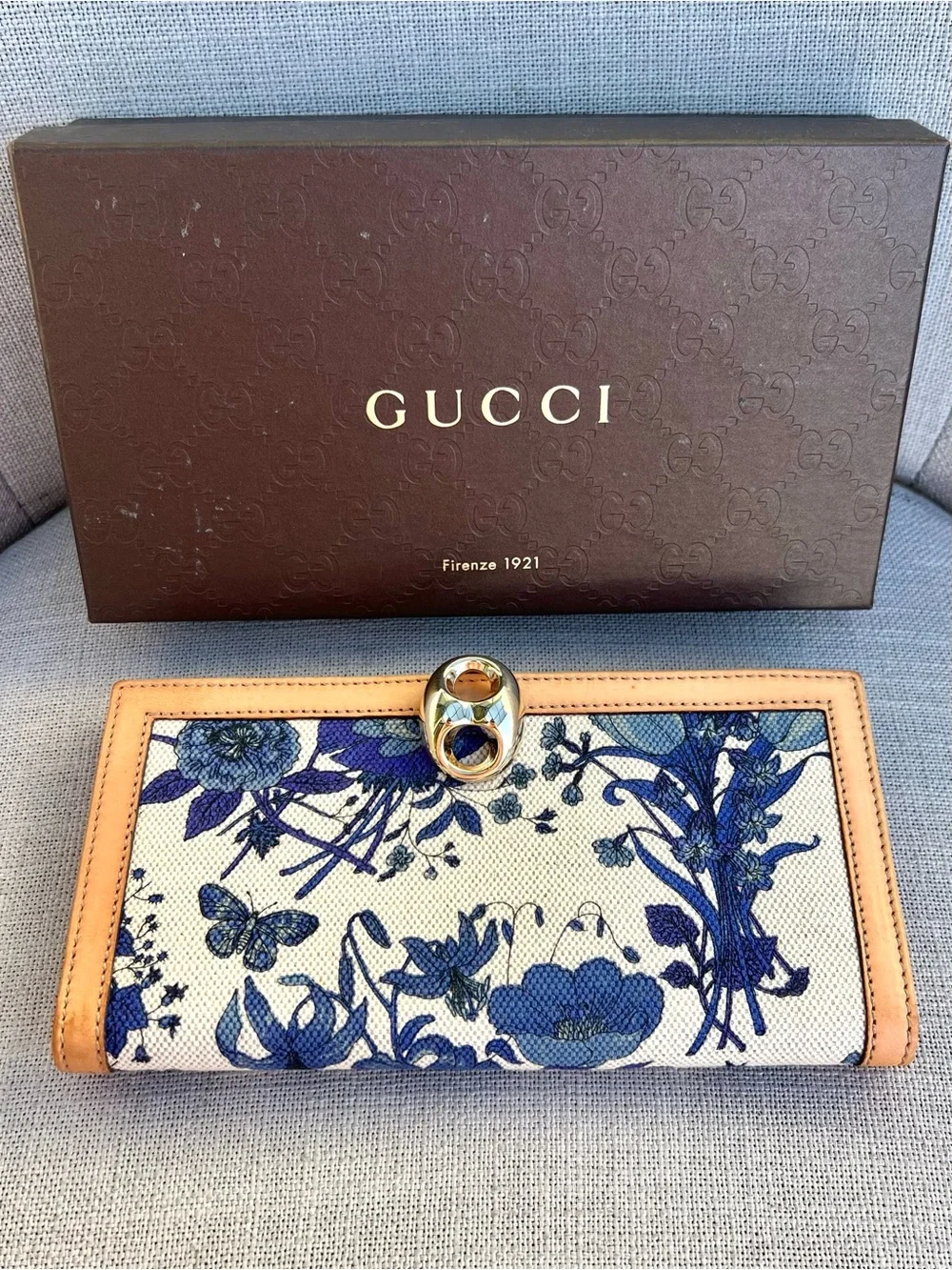 Gucci Blue/Beige Floral Flora Print Canvas and Leather Wave Continental Wallet - Picture 1 of 7